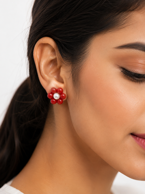 Red coral bead flower stud earrings with white pearl centre 1