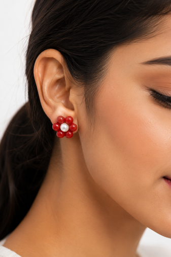 Red coral bead flower stud earrings with white pearl centre