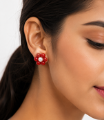 Red coral bead flower stud earrings with white pearl centre