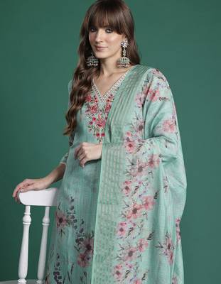 Floral Embroidered Thread Work Linen Kurta with Trousers & With Dupatta 1