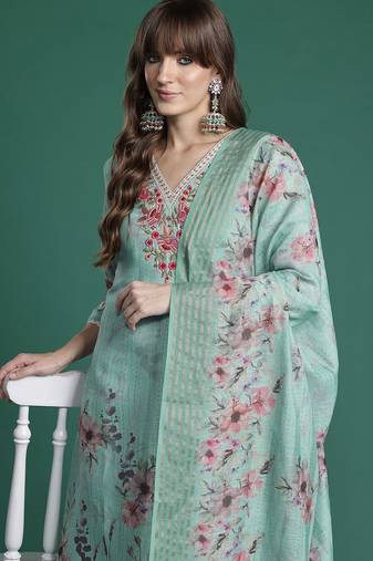 Floral Embroidered Thread Work Linen Kurta with Trousers & With Dupatta