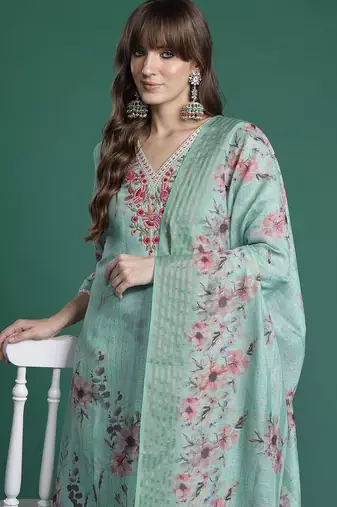 Floral Embroidered Thread Work Linen Kurta with Trousers & With Dupatta