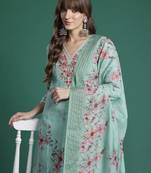 Floral Embroidered Thread Work Linen Kurta with Trousers & With Dupatta