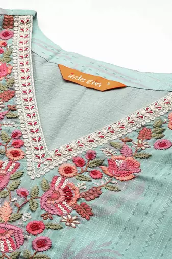 Floral Embroidered Thread Work Linen Kurta with Trousers & With Dupatta