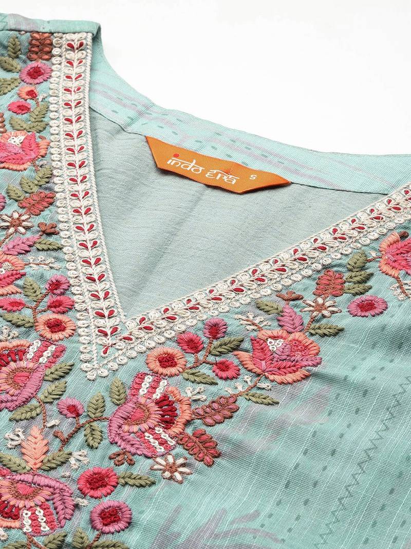 Floral Embroidered Thread Work Linen Kurta with Trousers & With Dupatta