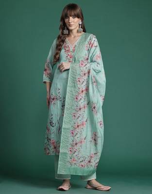 Floral Embroidered Thread Work Linen Kurta with Trousers & With Dupatta 5