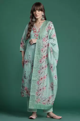 Floral Embroidered Thread Work Linen Kurta with Trousers & With Dupatta