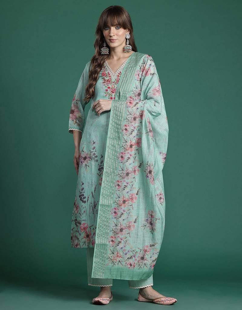Floral Embroidered Thread Work Linen Kurta with Trousers & With Dupatta