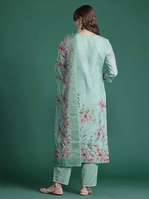 Floral Embroidered Thread Work Linen Kurta with Trousers & With Dupatta 7
