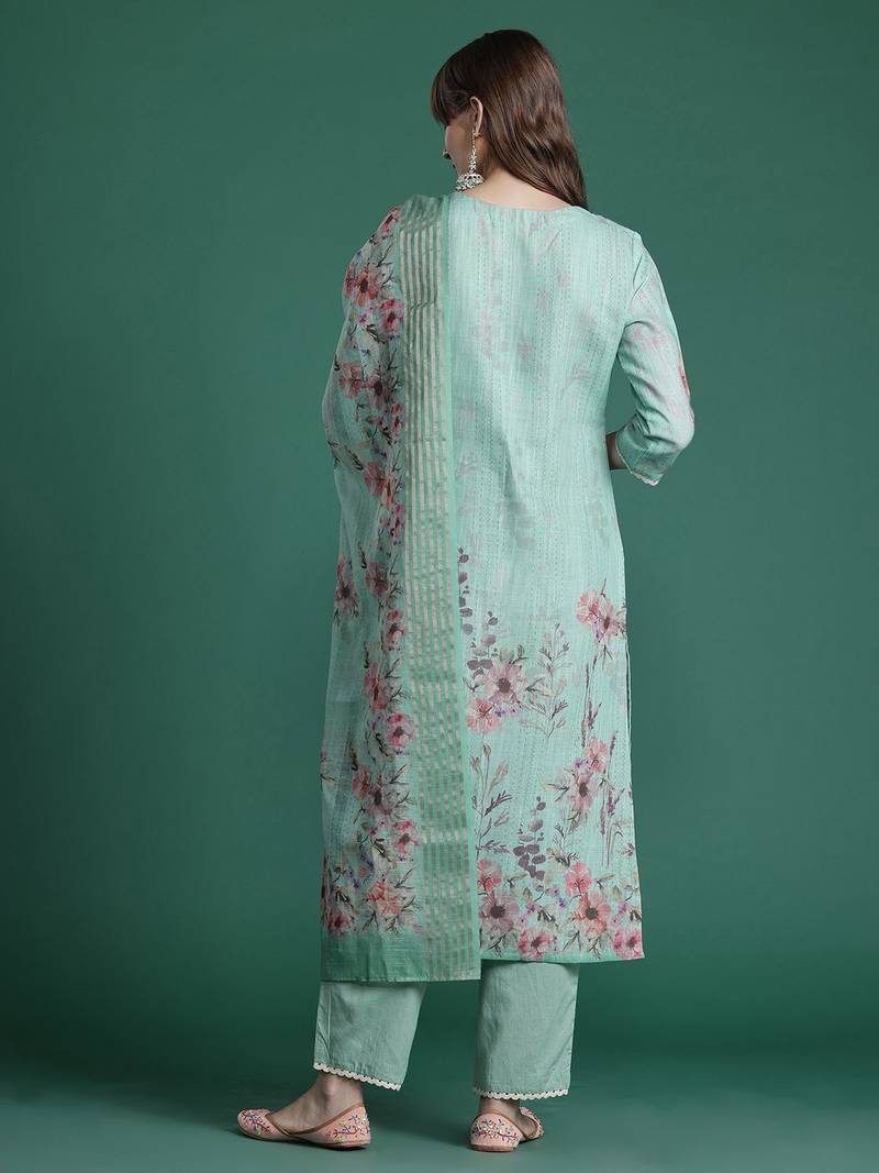Floral Embroidered Thread Work Linen Kurta with Trousers & With Dupatta