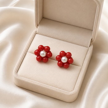 Red coral bead flower stud earrings with white pearl centre 2