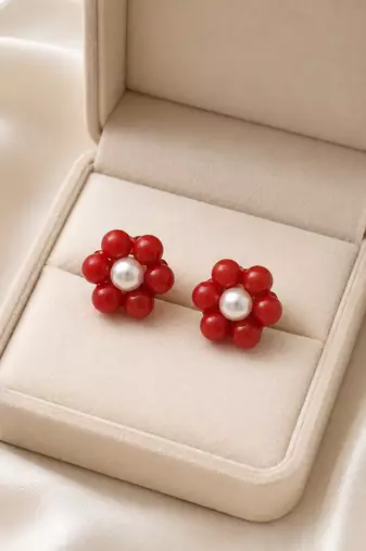 Red coral bead flower stud earrings with white pearl centre