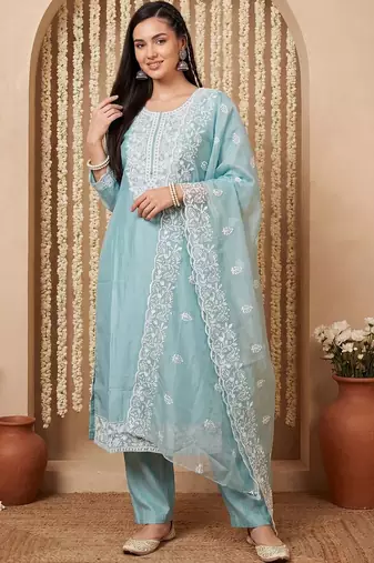 Women Ethnic Motifs Embroidered Regular Chikankari Kurta with Trousers & With Dupatta
