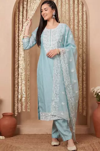 Women Ethnic Motifs Embroidered Regular Chikankari Kurta with Trousers & With Dupatta