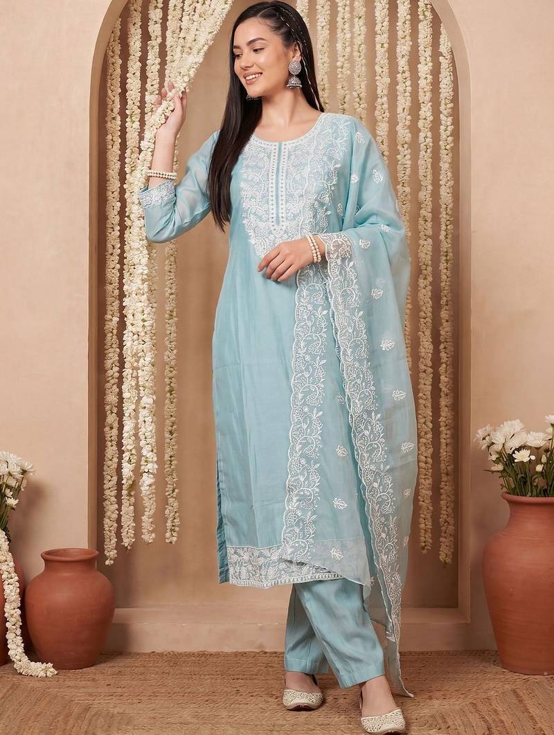 Women Ethnic Motifs Embroidered Regular Chikankari Kurta with Trousers & With Dupatta