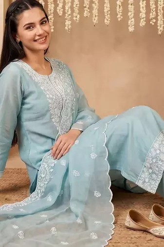 Women Ethnic Motifs Embroidered Regular Chikankari Kurta with Trousers & With Dupatta