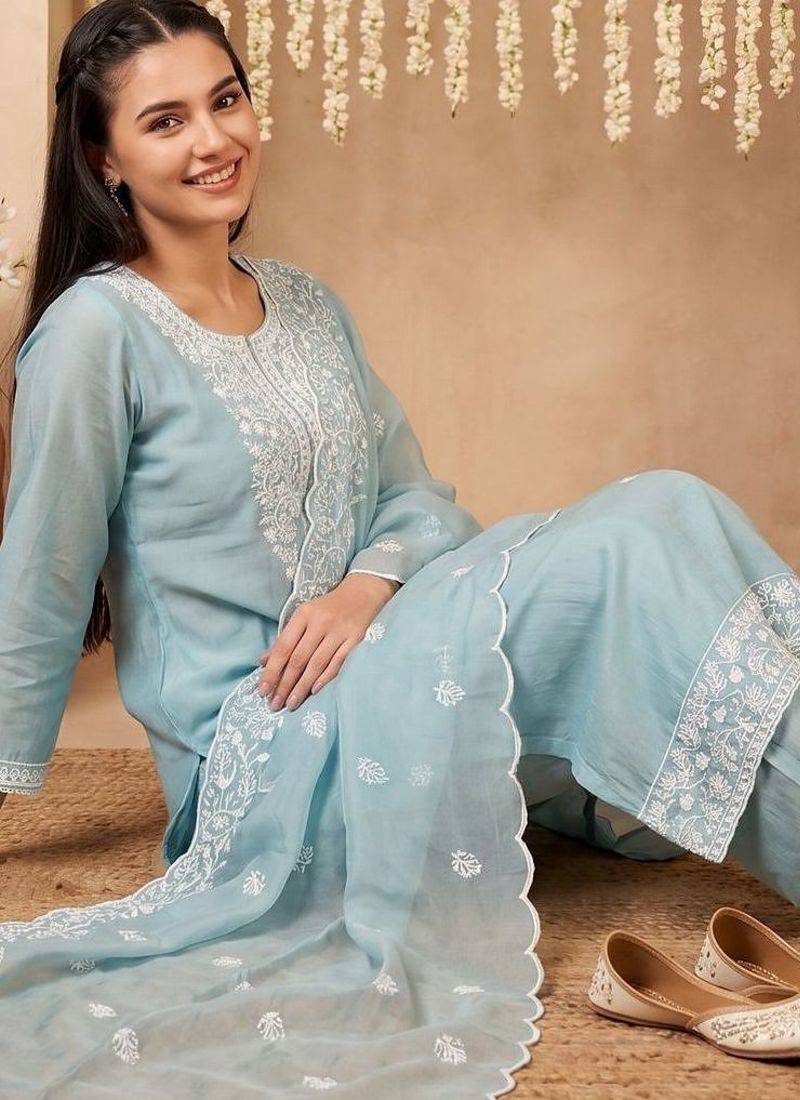 Women Ethnic Motifs Embroidered Regular Chikankari Kurta with Trousers & With Dupatta