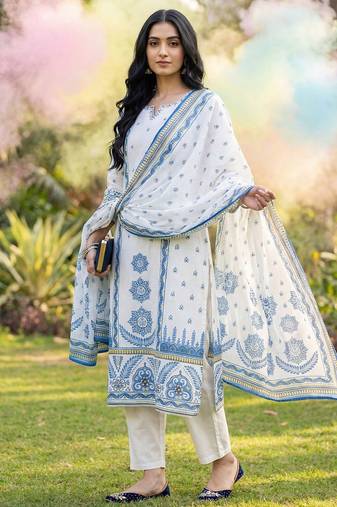 Ethnic Motifs Printed Panelled Cotton Kurta with Trousers & Dupatta