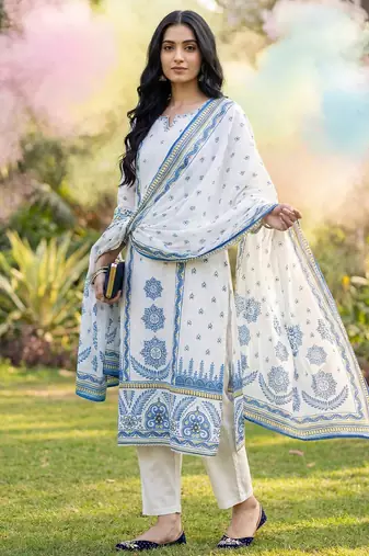 Ethnic Motifs Printed Panelled Pure Cotton Kurta with Trousers & Dupatta