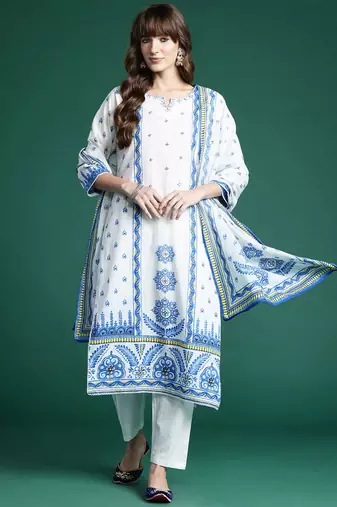 Ethnic Motifs Printed Panelled Pure Cotton Kurta with Trousers & Dupatta