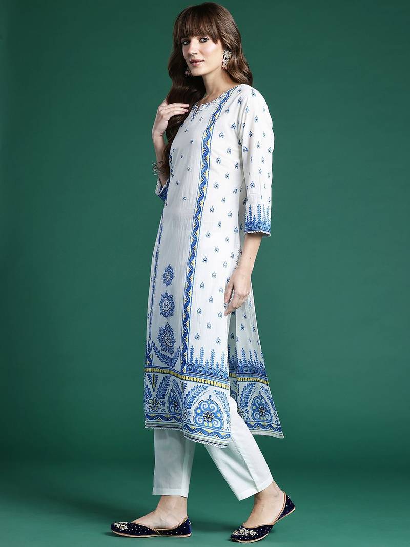 Ethnic Motifs Printed Panelled Pure Cotton Kurta with Trousers & Dupatta