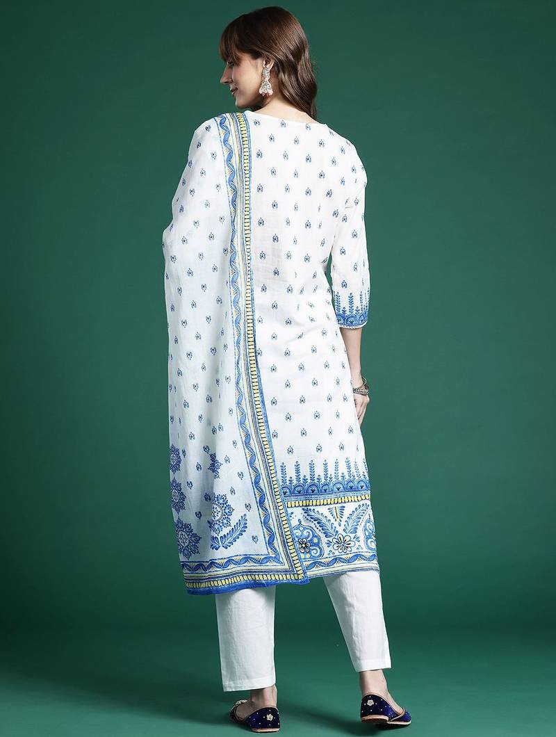 Ethnic Motifs Printed Panelled Pure Cotton Kurta with Trousers & Dupatta