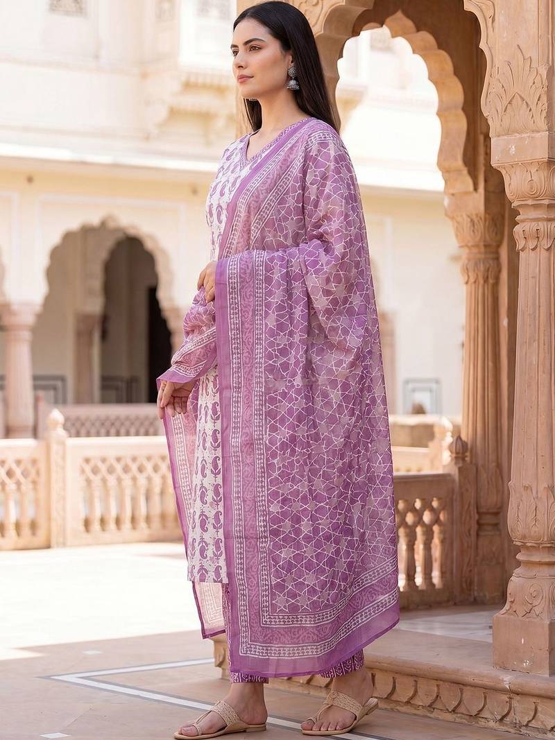Women Paisley Printed Regular  Cotton Kurta with Trousers & With Dupatta