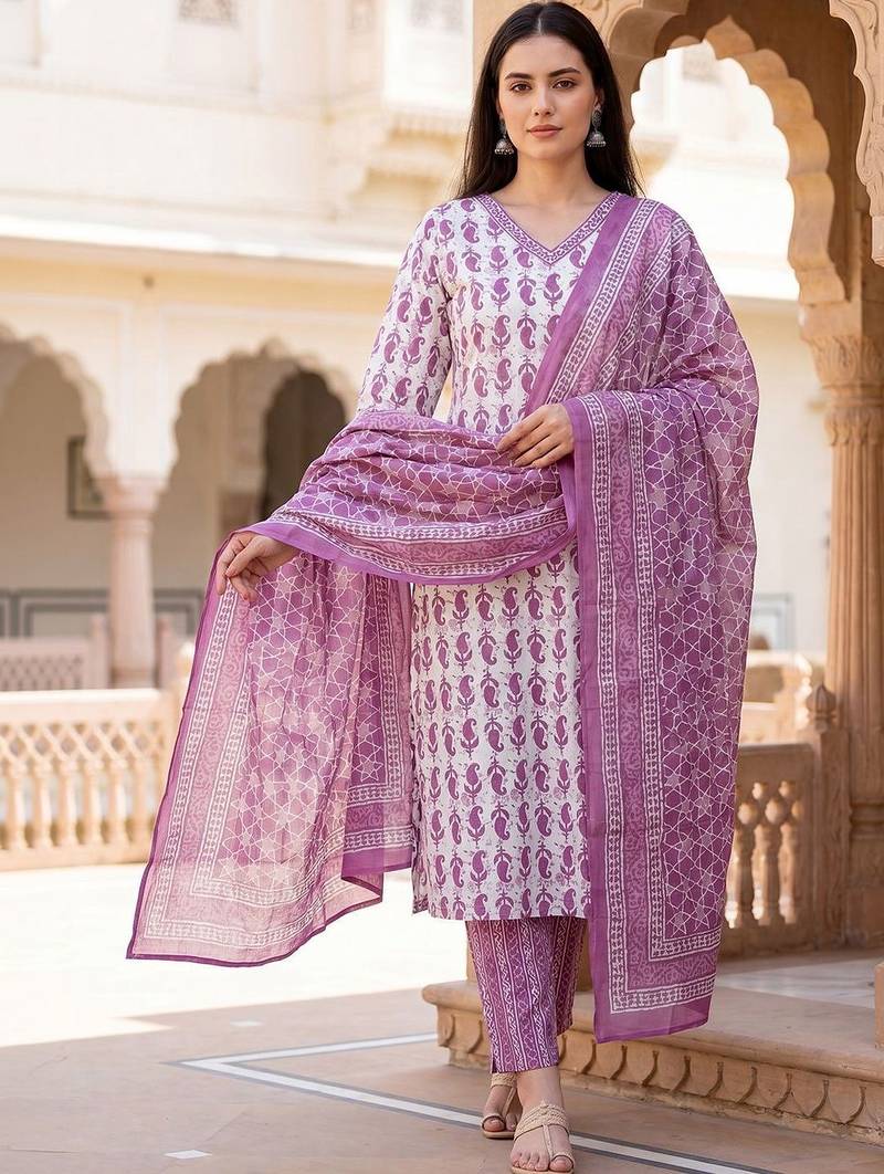 Women Paisley Printed Regular  Cotton Kurta with Trousers & With Dupatta