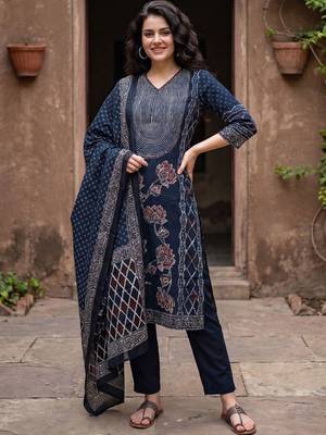 Women Ethnic Motifs Printed Regular  Cotton Kurta with Trousers & With Dupatta 1