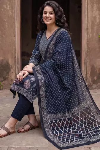 Women Ethnic Motifs Printed Regular  Cotton Kurta with Trousers & With Dupatta