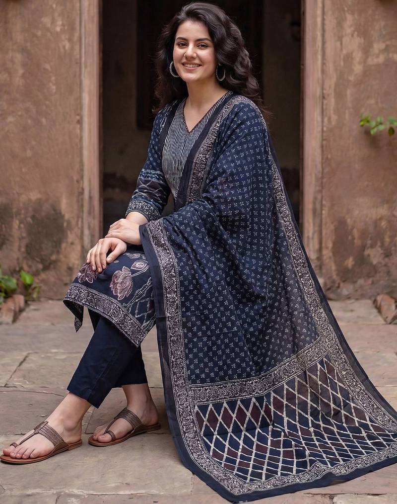 Women Ethnic Motifs Printed Regular  Cotton Kurta with Trousers & With Dupatta