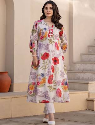 Women Floral Printed V-Neck  Cotton A-Line Kurta with Trouser 1