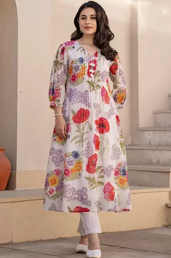 Women Floral Printed V-Neck  Cotton A-Line Kurta with Trouser