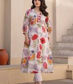 Women Floral Printed V-Neck  Cotton A-Line Kurta with Trouser