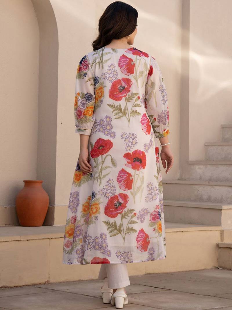 Women Floral Printed V-Neck  Cotton A-Line Kurta with Trouser