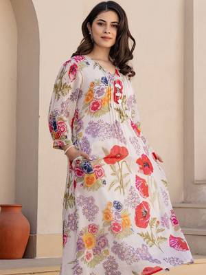 Women Floral Printed V-Neck  Cotton A-Line Kurta with Trouser 7