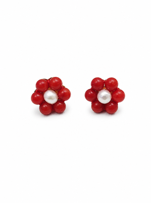 Red coral bead flower stud earrings with white pearl centre 3