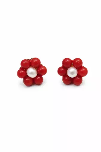 Red coral bead flower stud earrings with white pearl centre