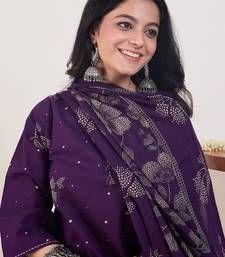 Ethnic Motifs Printed V-Neck  Cotton Anarkali Kurta With Trousers & Dupatta