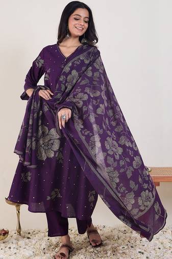 Ethnic Motifs Printed V-Neck  Cotton Anarkali Kurta With Trousers & Dupatta