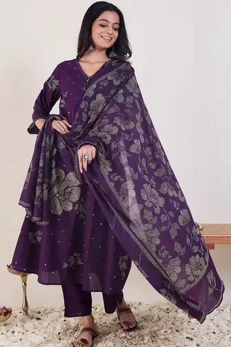 Ethnic Motifs Printed V-Neck Pure Cotton Anarkali Kurta With Trousers & Dupatta