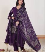 Ethnic Motifs Printed V-Neck  Cotton Anarkali Kurta With Trousers & Dupatta