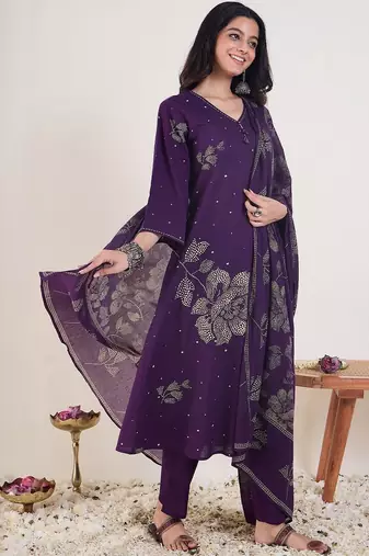 Ethnic Motifs Printed V-Neck Pure Cotton Anarkali Kurta With Trousers & Dupatta