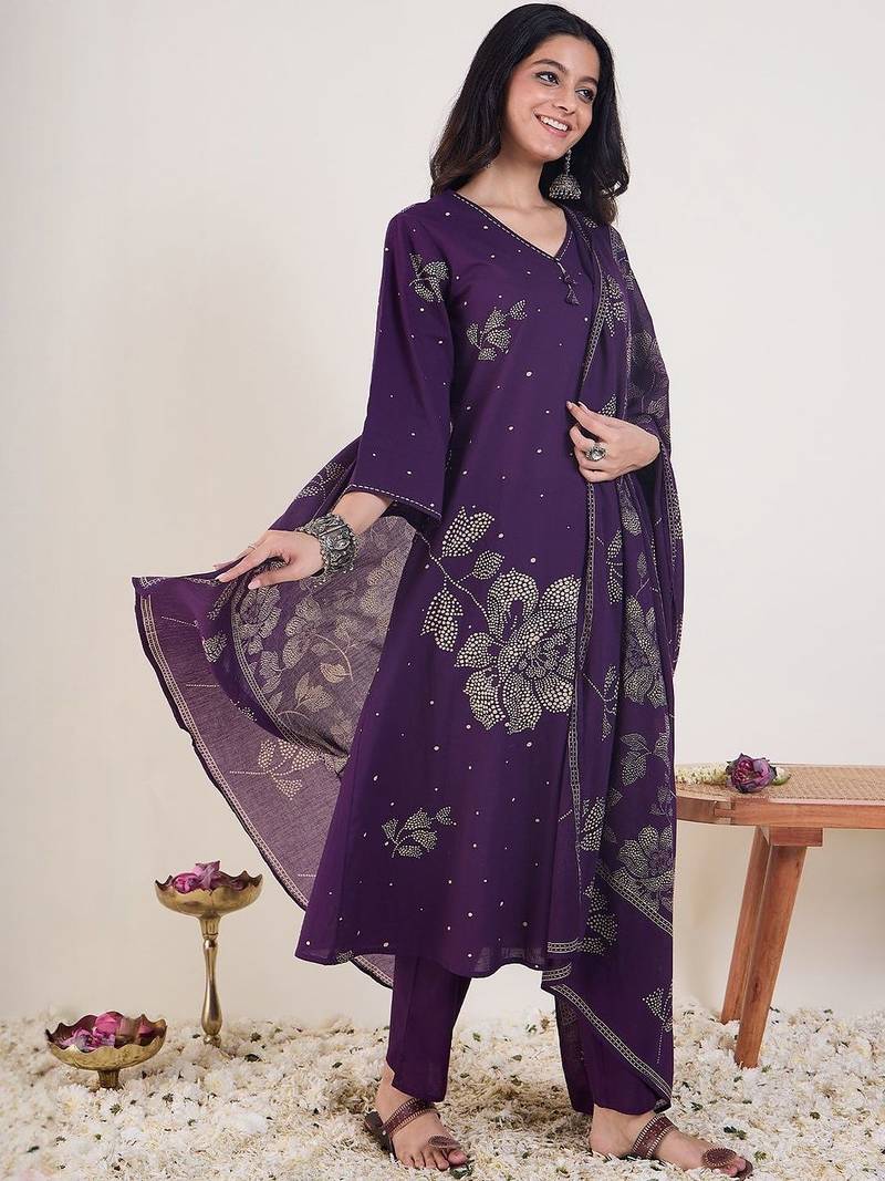 Ethnic Motifs Printed V-Neck  Cotton Anarkali Kurta With Trousers & Dupatta