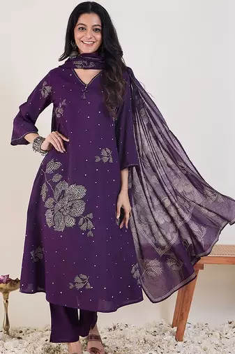 Ethnic Motifs Printed V-Neck Pure Cotton Anarkali Kurta With Trousers & Dupatta