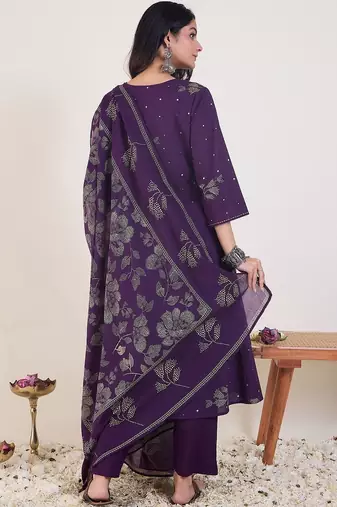 Ethnic Motifs Printed V-Neck Pure Cotton Anarkali Kurta With Trousers & Dupatta