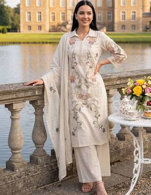 Women Ethnic Motifs Embroidered Regular Thread Work  Cotton Kurta with Trousers & With Dupatta 6