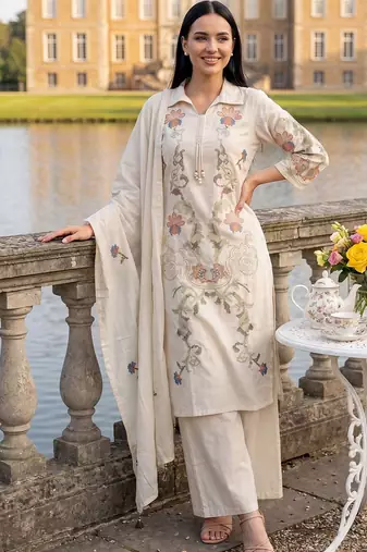 Women Ethnic Motifs Embroidered Regular Thread Work Pure Cotton Kurta with Trousers & With Dupatta