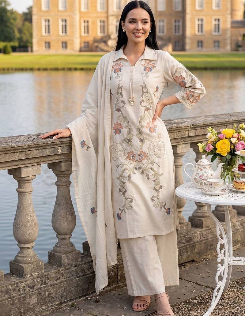 Women Ethnic Motifs Embroidered Regular Thread Work  Cotton Kurta with Trousers & With Dupatta