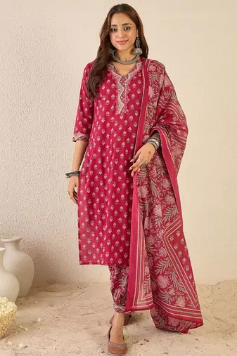 Women Floral Printed Regular V-Neck Kurta with Salwar & Dupatta